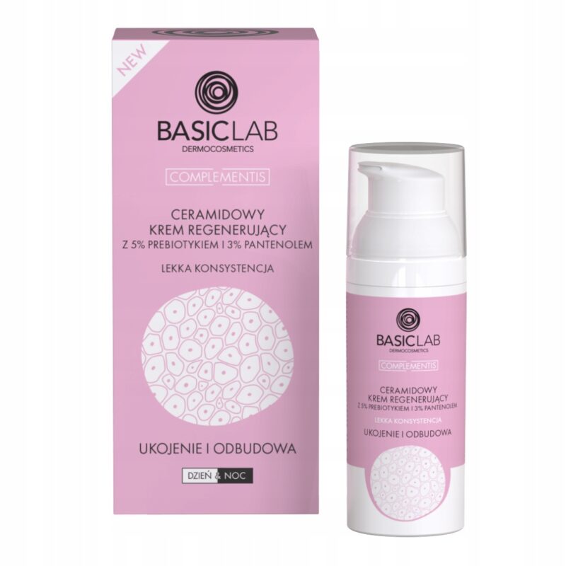 BASICLAB Ceramidowy krem regenerujący z 5%prebiotykiem i 3%pantenolem o lekkiej konsystencji ukojenie i odbudowa 50ml