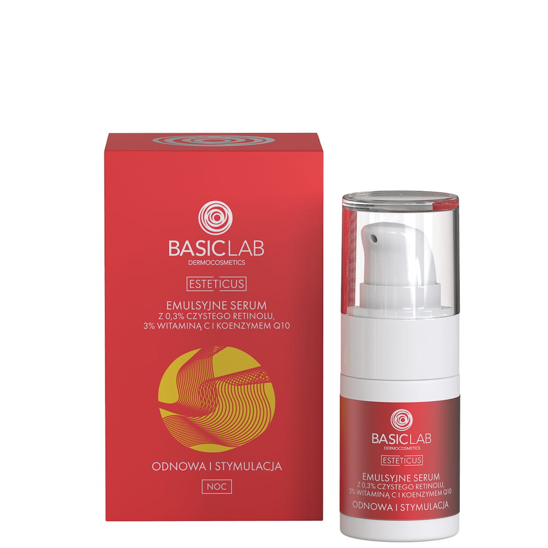 BASICLAB Emulsyjne serum z 0,3% czystym retinolem 3% witaminą C i koenzymem Q10 15ml