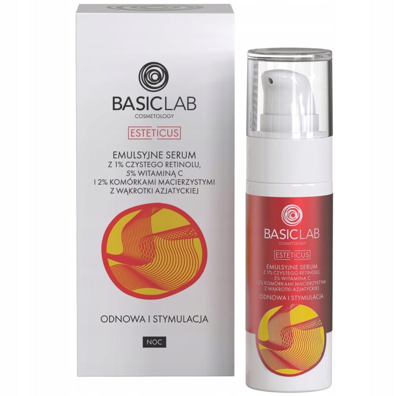 EMULSYJNE SERUM Z 1% CZYSTEGO RETINOLU, 5% WITAMINĄ C I 2% KOMÓRKAMI MACIERZYSTYMI Z WĄKROTKI AZJATYCKIEJ ODNOWA I STYMULACJA 30ml